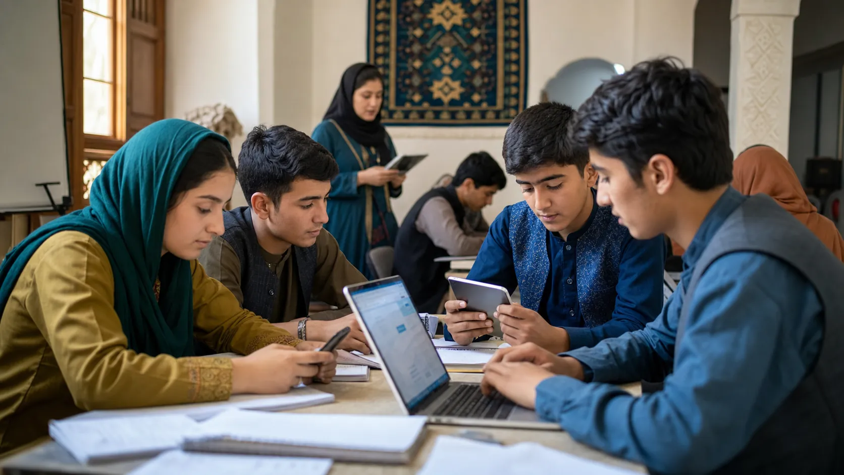 Afghan learners working together in a community learning setting